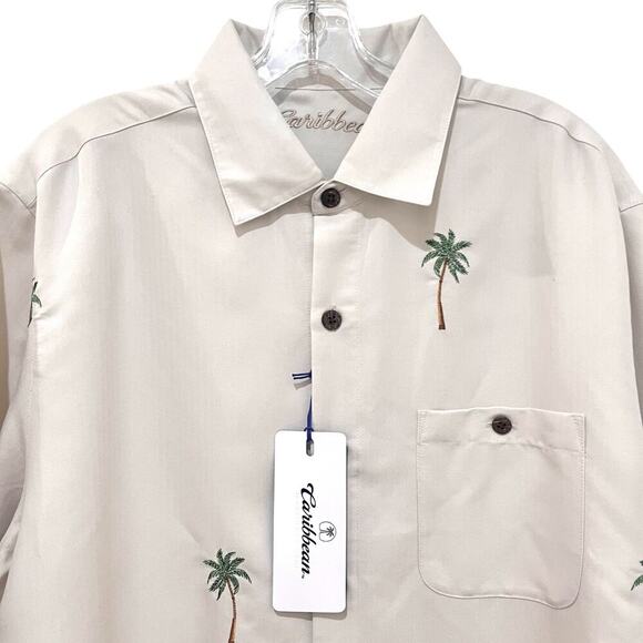 NWT Men’s CARIBBEAN Ivory Short Sleeve Shirt w Embroidered Palm Tree Sz L $89 - Picture 3 of 10